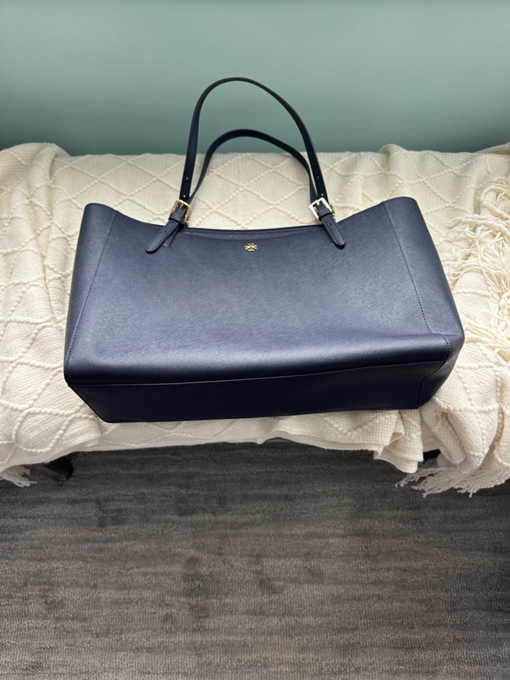 Tory Burch Navy Saffiano Leather Tote with Gold Logo